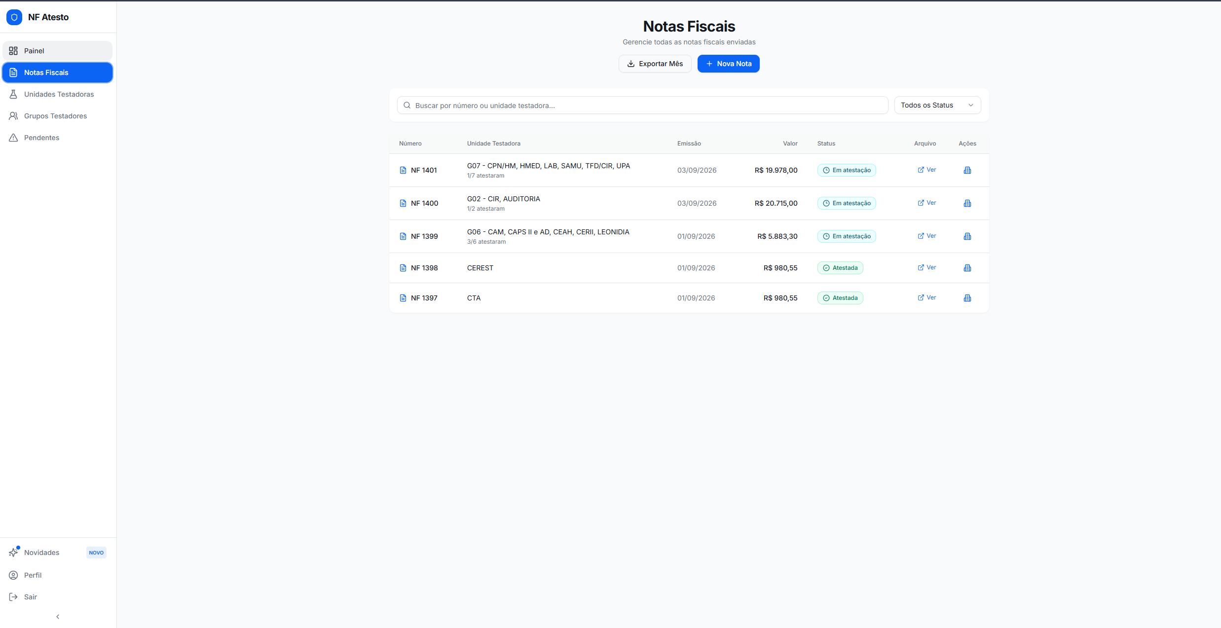 Tela do gestor do AtestaGov com listagem e status das notas fiscais