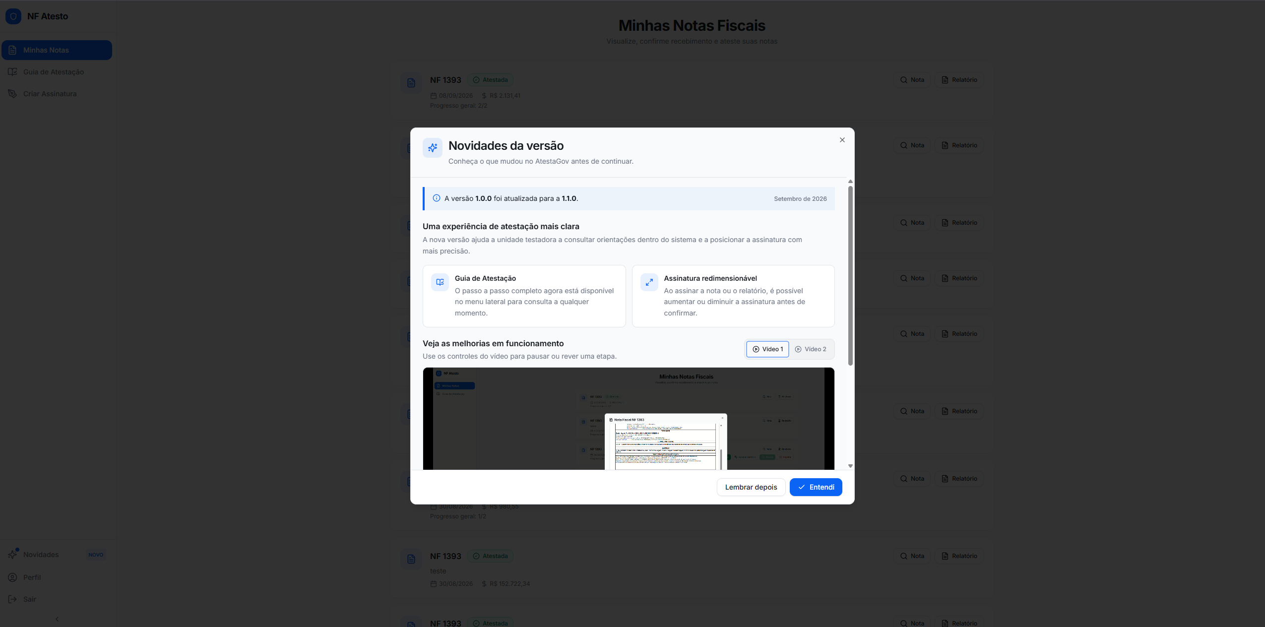 Modal de novidades da versão do AtestaGov
