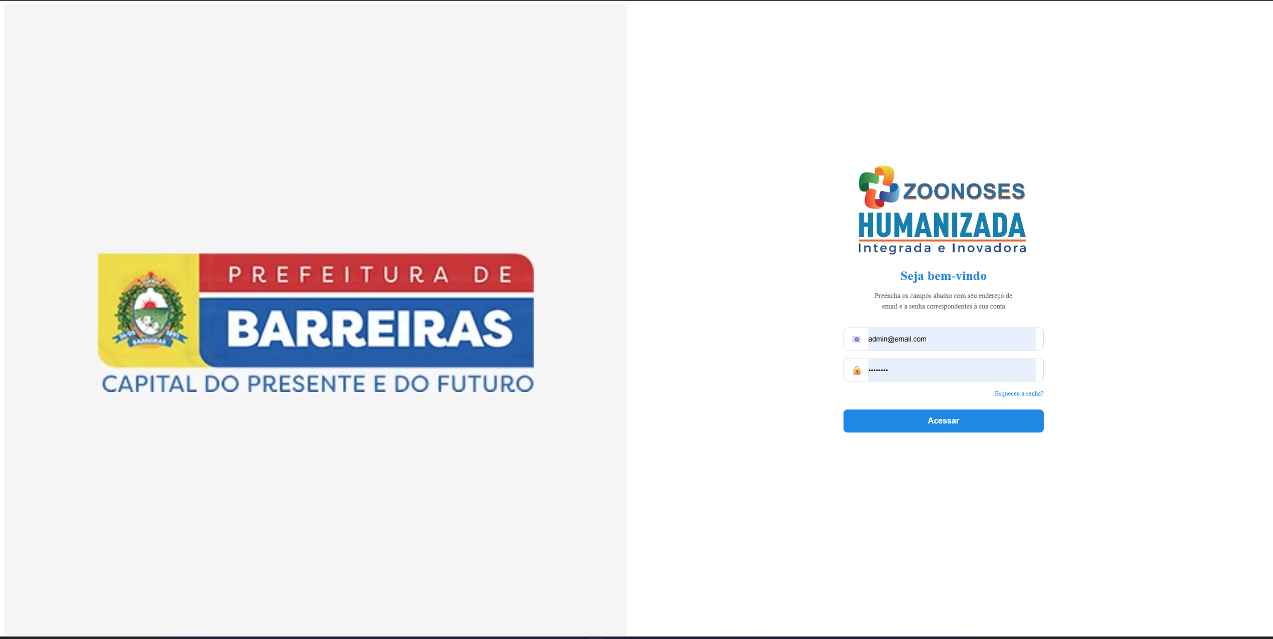 Tela de login do sistema Zoonoses Humanizada da Prefeitura de Barreiras